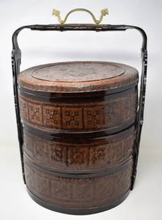 Chinese Wicker Wedding Basket: Chinese Wicker Wedding Basket with Wood frame and Brass Hardware, measures 20" tall and 12.5" in diameter