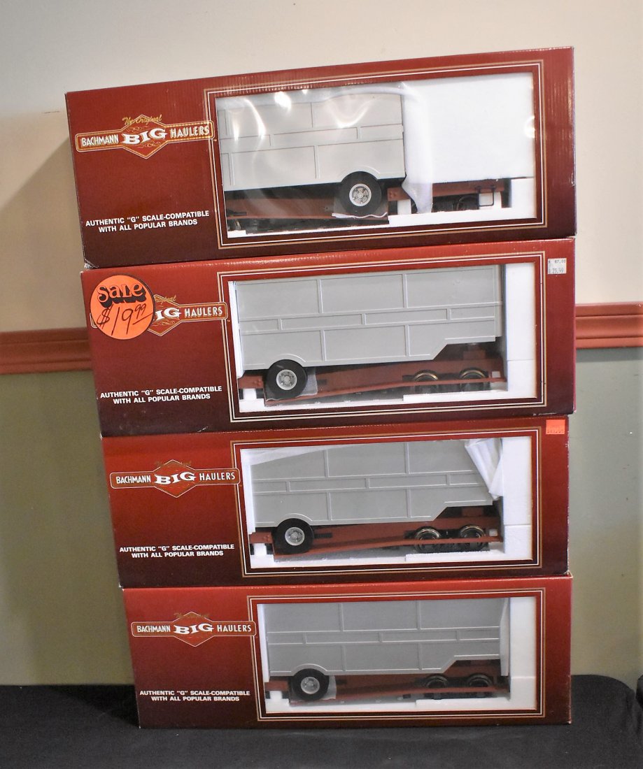 4 G Scale Bachmann Big Haulers NEW: Lot of 4 G Scale Bachmann Big Haulers 98370 Flat Car w/ Closed Trailers, new in boxes