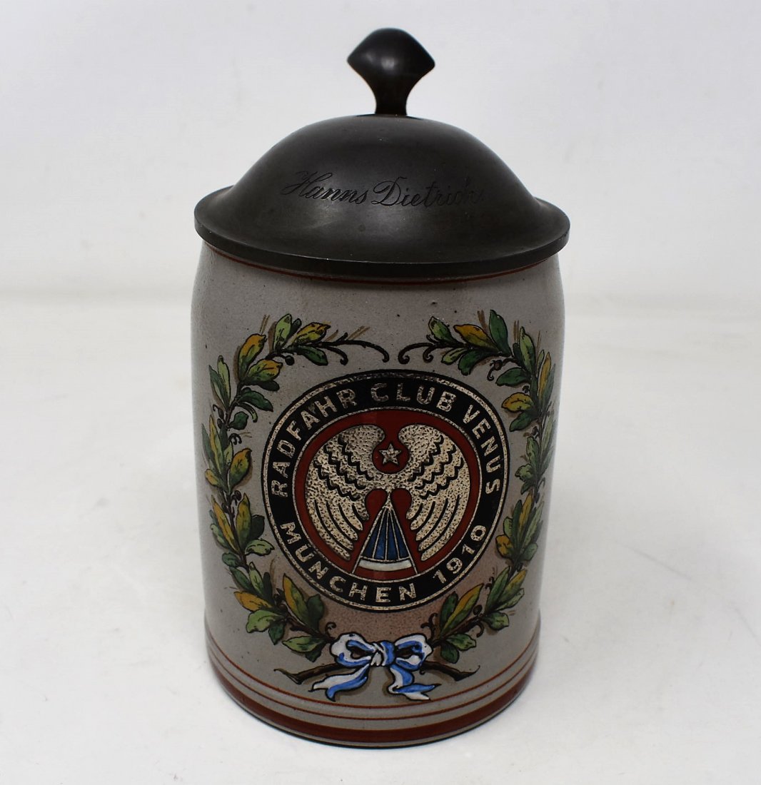 merkelbach & Wick Radfahr club 1/2 liter stein: great half liter Radfahr club 1910 munich bicycle cycling club stein from Merkelbach & Wick. A stein rarely found, does exhibit non distracting hairline to body.