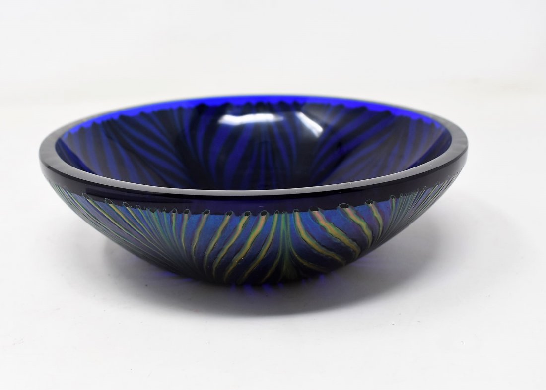 Lotton Art Glass Bowl Peacock Feather 1996: 1996 Lotton Art Glass Peacock Feather 7" Bowl, Signed