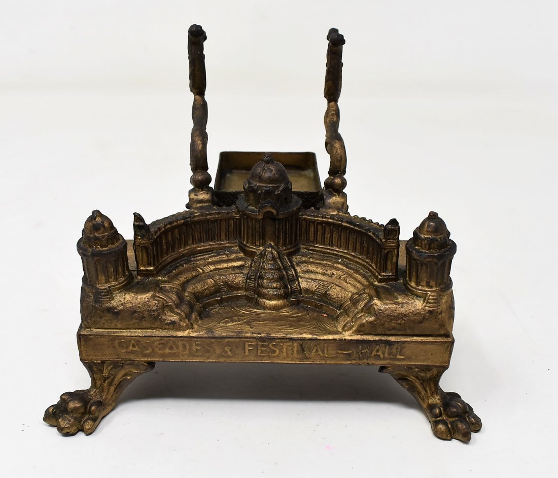 1904 St. Louis World's Fair Inkwell/Stand: 1904 St. Louis Worlds Fair Cascades & Festival Hall Inkwell and Pen Stand. Measures 5.5" x 4". No insert or pen.