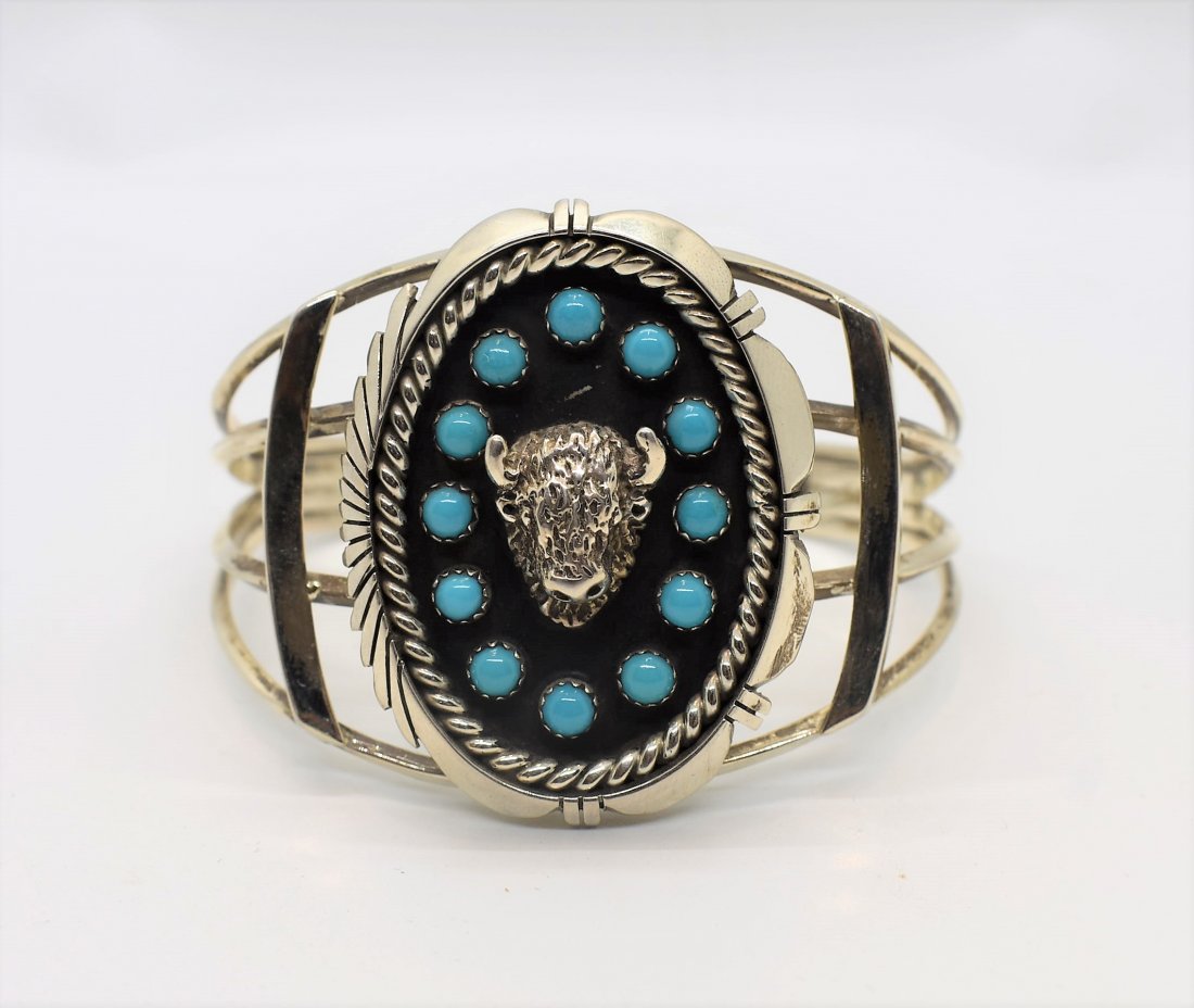 Navajo Sterling Silver & Turquoise Buffalo Bracelet (1 of 3)