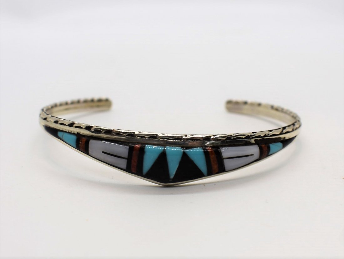 American Indian Zuni Sterling Silver Inlay Bracelet: American Indian Zuni Sterling Silver Inlay Bracelet, signed R.B. Zuni