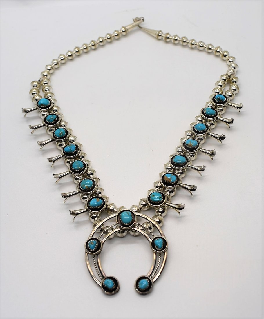 Native American Navajo Squash Blossom Necklace: Native American Navajo Phil Garcia Squash Blossom Necklace, 64.6 grams.