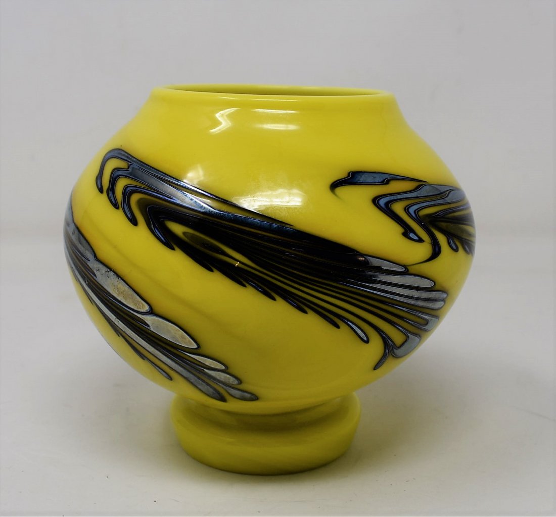 Charles Lotton Art Glass Yellow Pulled Feather Vase (1 of 5)