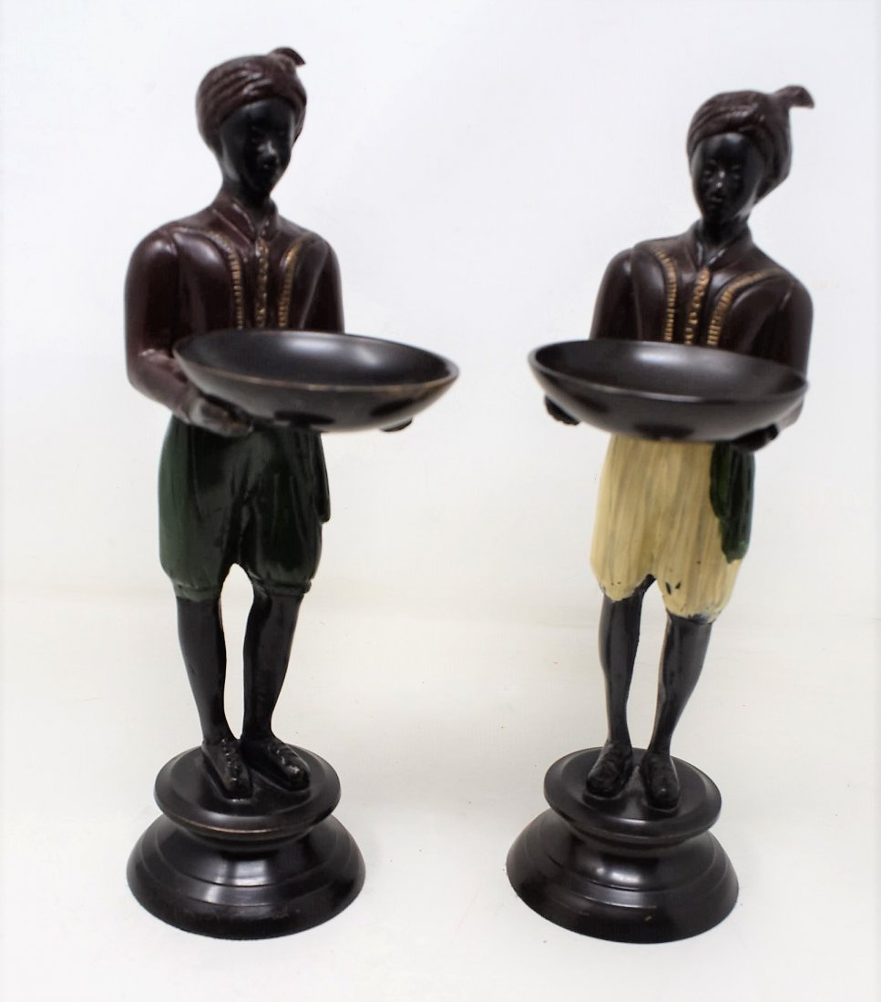 Pair of Bronze Turban Men Statues: A Pair of Bronze Statues, Men wearing Turbans carrying Bowls. They measure 10.5" tall. In nice condition, their pants appear to have been repainted.