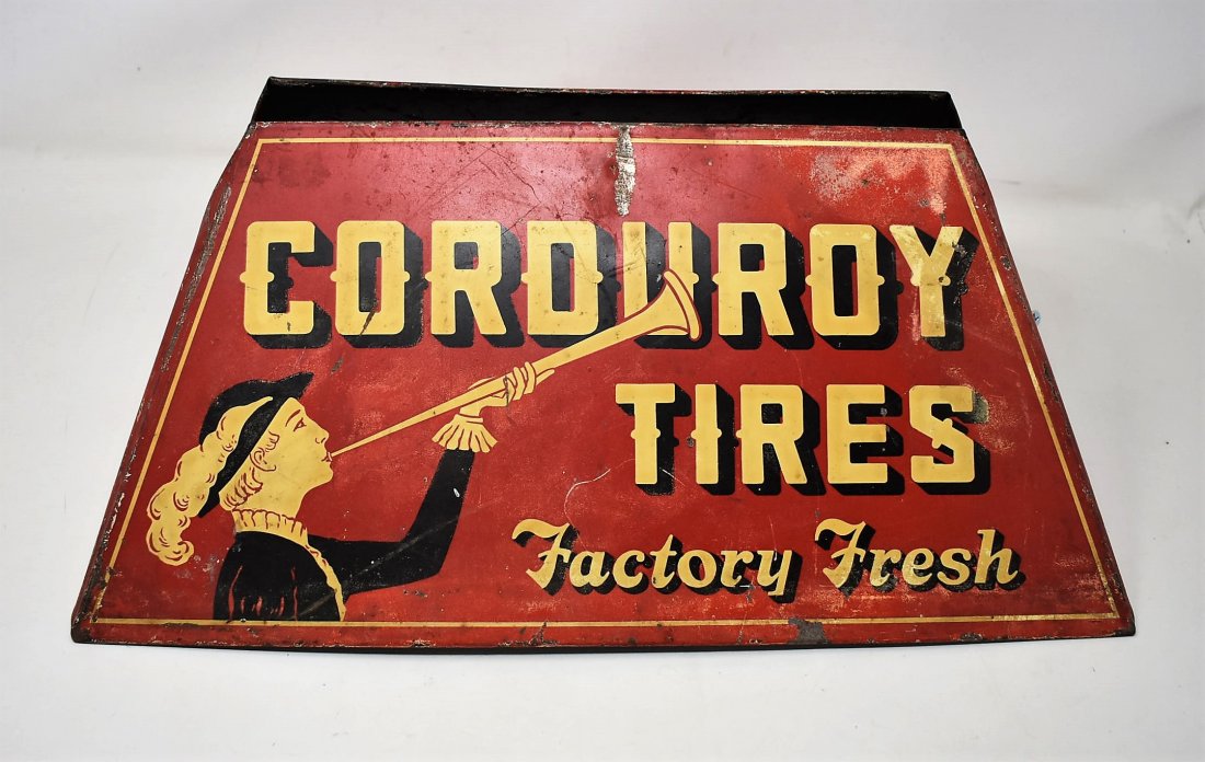 Vintage Corduroy Tires Metal Sign: Vintage Corduroy Tires Metal Topper/Sign Advertising. It measures 15" x 8", 2 pieces. Pieces are held together with new screws