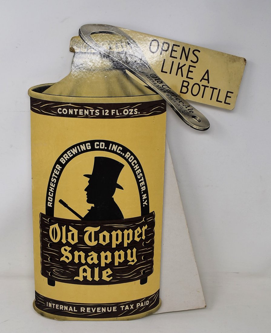Vintage Old Topper Snappy Ale Beer Counter Sign: Vintage Old Topper Snappy Ale Cone Top Can Cardboard Counter Sign Advertising. "Internal Revenue Tax Paid". It measures 17.5" tall
