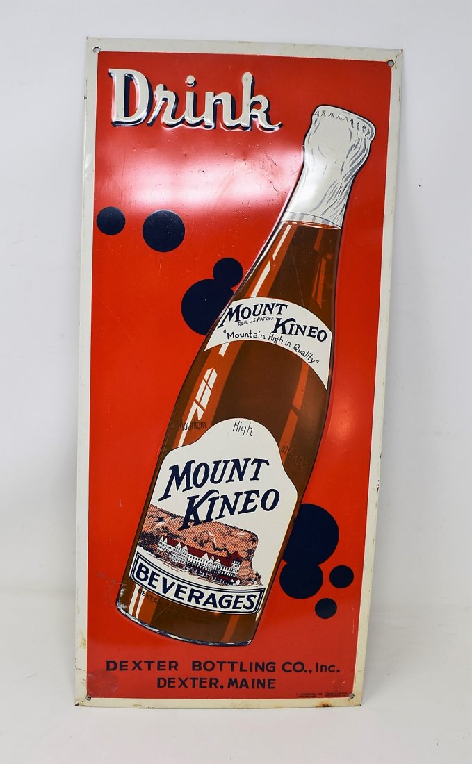 Vintage Mount Kineo Dexter Bottling Tin Sign: Vintage Dexter Bottling, Maine, Mount Kineo Tin Advertising Sign. It measures 19.5" x 8.75"