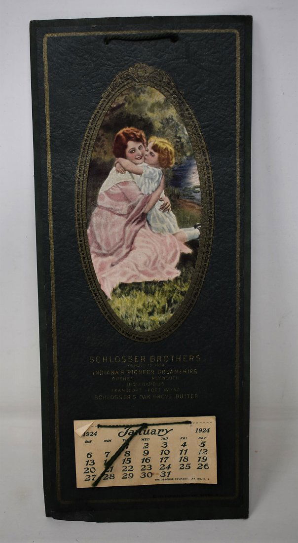 1924 Osborne Advertising Calendar Indiana Creamery: 1924 Osborne Advertising Calander from Schlosser Brothers Creamery in Indiana. Measures 12" x 5"