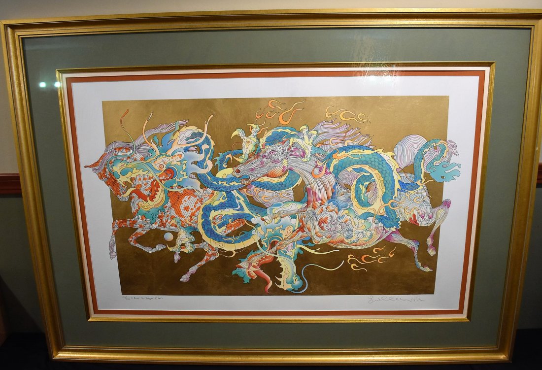 Stunning Gillaume Azoulay Limited Edition Serigraph: Gorgeous Gillaume Azoulay Limited Edition Serigraph with Hand-Laid Gold Leaf, "L'Annee Du Dragon". It is hand signed and numbered 132/200. It is well framed and large, with the frame measuring 50.5" x