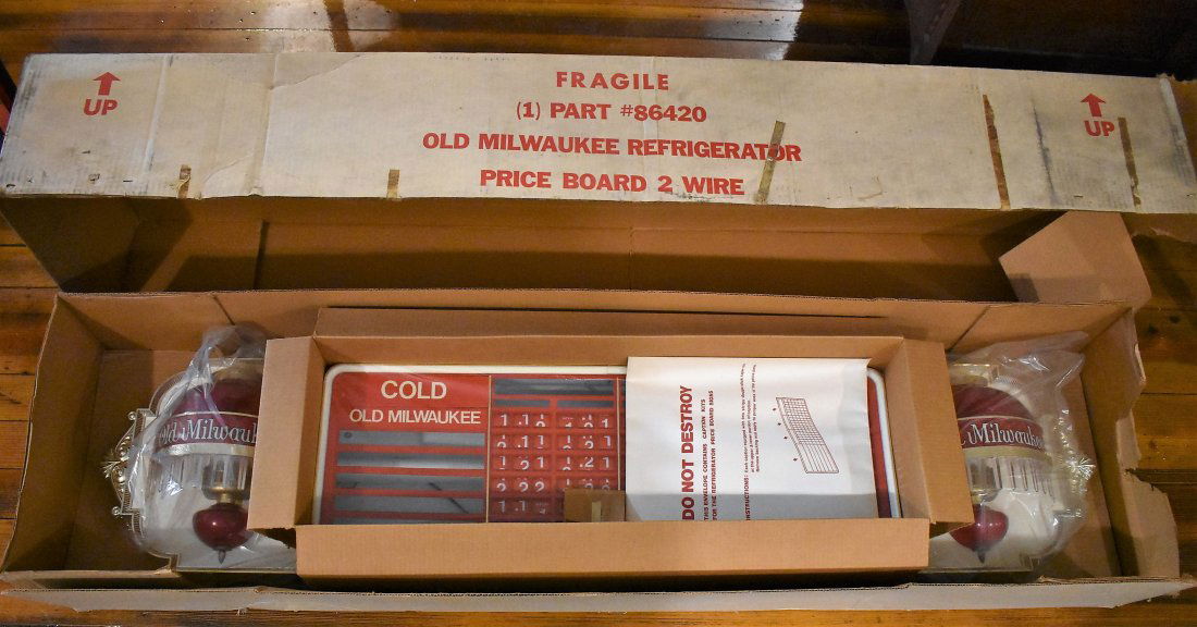Vintage Old Milwaukee Beer Cooler Sign/Light NEW: RARE Vintage Old Milwaukee Refrigerator Sign Price Board Light with Chandeliers on each end. It measures 62" long by 15" tall and comes BRAND NEW IN ORIGINAL BOX. New Old Stock!