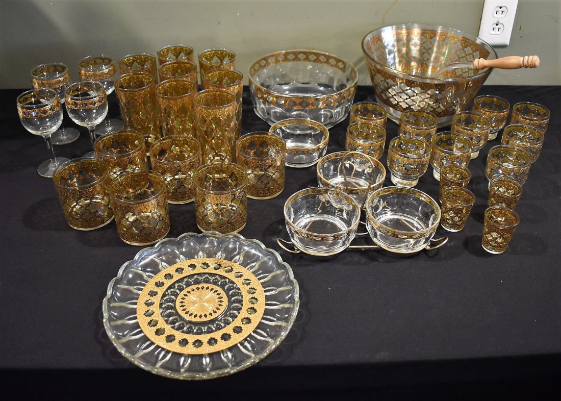 Large Lot of Vintage Culver Valencia Glassware: A Large Group of Vintage Culver Valencia Glassware including:Punch Bowl & 10 GlassesChip and Dip (no metal bowl hanger)Relish with 3 bowls and stand1 Plate8 Large Glasses6 Cocktail Glasses4 Small Wine
