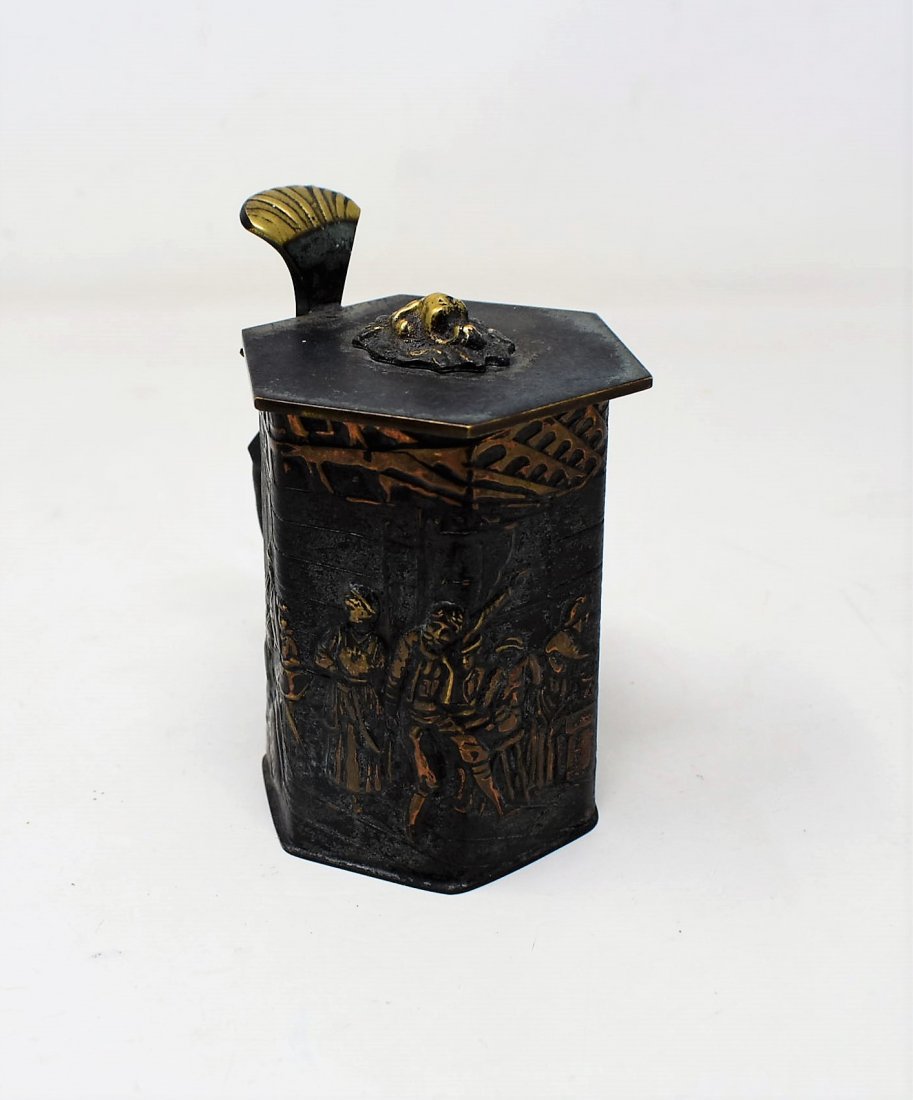 Bronce denmark Beer Stein: Danish Bronce denmark Small Beer Stein, 4.5"bronze composition.bottom coating and top coating show signs of wear otherwise mint