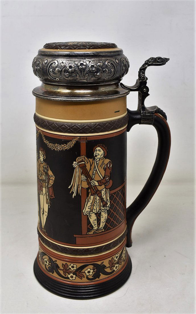 Mettlach 1 Liter 2255 Stein with Sterling Repousse Lid (1 of 7)