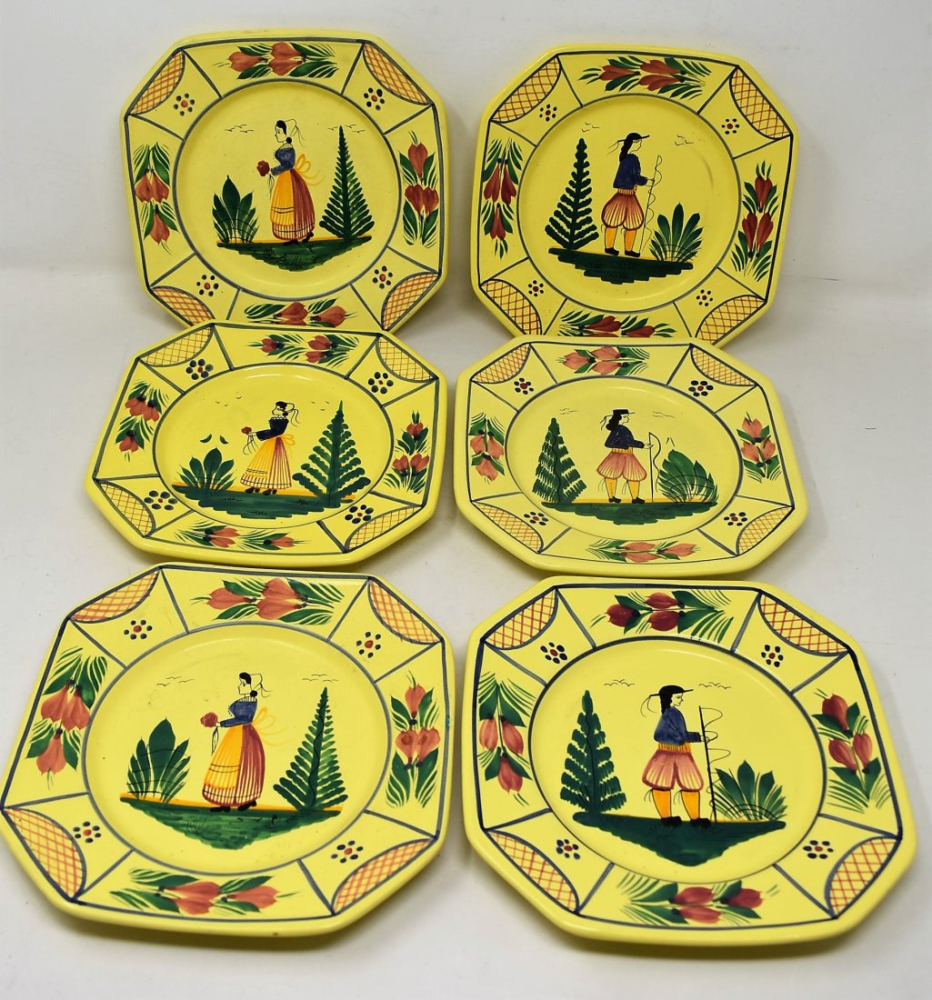 Set of 6 Antique Octagonal HB Quimper Plates (1 of 6)