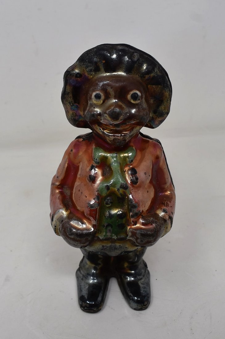 Vintage Cast Iron Golliwog Bank- Unusual Finish: Vintage Cast Iron Golliwog Bank with Unusual Finish, measures 6" tall