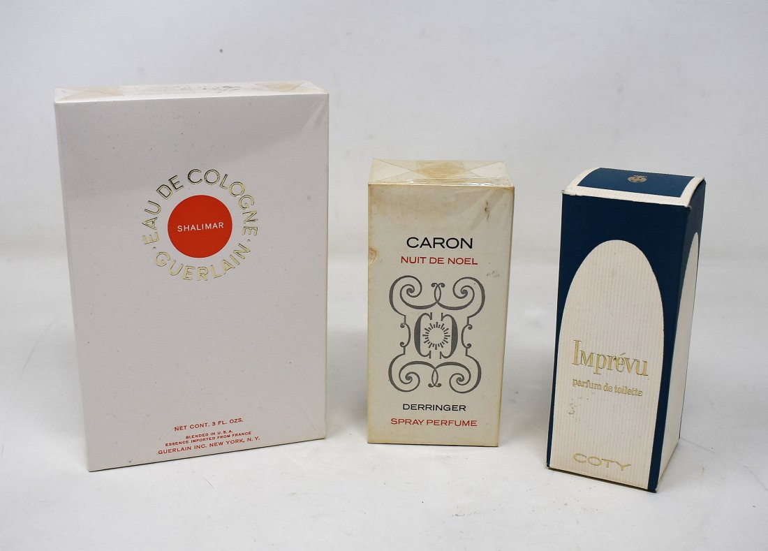 Lot of 3 Vintage Perfumes: A Lot of 3 Vintage Parfum including: 1.5oz Imprevu sealed, 1/8 oz Caron Nuit de Noel new and 3 oz Shalimar sealed.