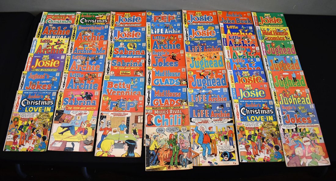 47 Archie Children's Comic Books Sabrina Pep etc.: You will receive the 47 comic books shown the In the Condition shown including writting, rips, tears etc.- we have not flipped through every page of these so we are unaware of any internal issues that
