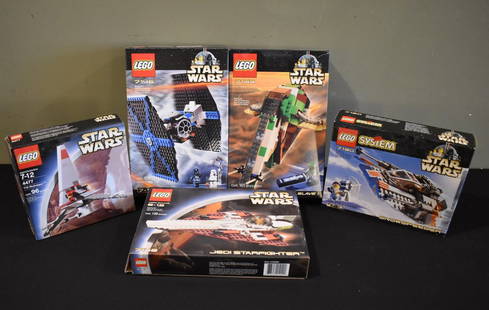 5 Star Wars Lego Sets Slave 1 Tie Fighter Jedi: Lego sets are as Follows: 7130 Snowspeeder, 4477 T-16 Skyhopper, 7143 Jedi Starfighter, 7146 Tie Fighter, 7144 Slave 1 - These May Not Be Complete, we have not attempted to assemble these and are unaw