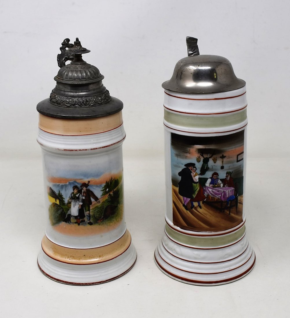 Pair of Porcelain Beer Steins .5L: A Pair of 1/2 liter Porcelain Beer Steins with Lithopane Bottoms, 9" tall