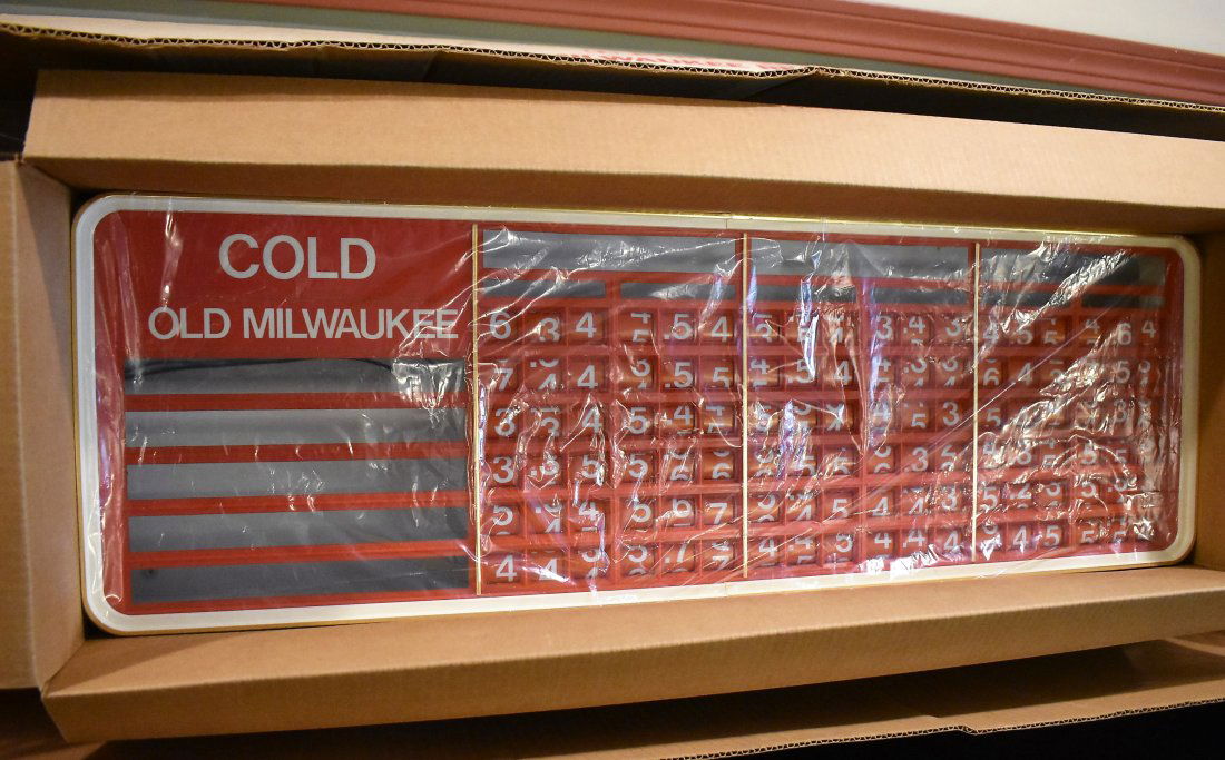 Vintage Old Milwaukee Beer Cooler Sign/Light NEW: RARE Vintage Old Milwaukee Refrigerator Sign Price Board Light with Chandeliers on each end. It measures 62" long by 15" tall and comes BRAND NEW IN ORIGINAL BOX. New Old Stock!