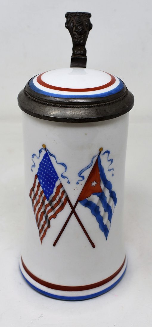 1/2 Liter Cuban American Beer Stein: 1/2 Liter Cuban/American Beer Stein with Lithopane, Porcelain Lid, 8" tall