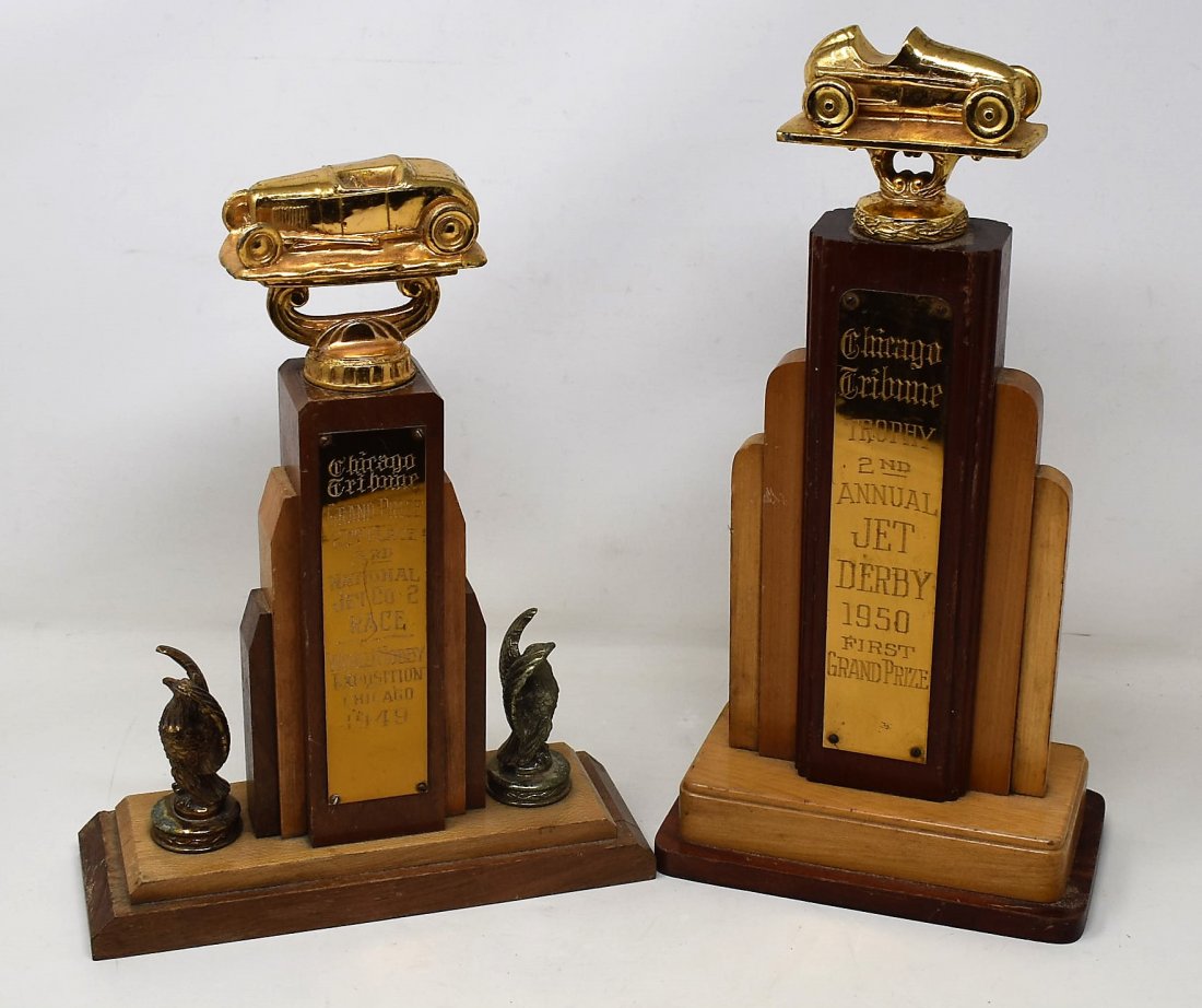 Vintage Chicago Tribune Jet Derby Trophies: A Pair of Vintage Chicago Tribune 1949 & 1950 Jet Derby Trophies, 14" and 12".