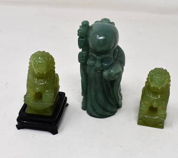 3 Carved Jade Figures: A Group of 3 Carved Jade Figures, 3.25" Confucius and 2- 2" Foo Lions. includes 1 small wood stand.