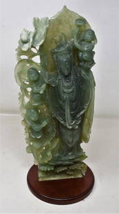 Gorgeous Carved Green Jade Lady with Nymphs: Beautiful Hand Carved Green Jade Lady with Nymphs, measures 12.5" tall, on a wood base.