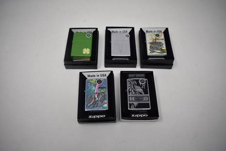 5 NEW IN BOX Zippo LIghters: Lot of 5 Brand New in Boxes Zippo Lighters. Decals are unbroken, new.