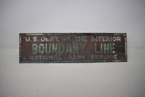 Vintage U.S. Dept of the Interior Boundry Line Embossed Sign: Vintage U.S. Department of the Interior Boundry Line Metal Embossed Sign, measures 14.5" x 4".