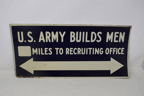 Vintage U.S. Army Builds Men Recruiting Tin Sign: Vintage U.S. Army Builds Men Tin Recruiting Office Sign. It measures 20" x 9".