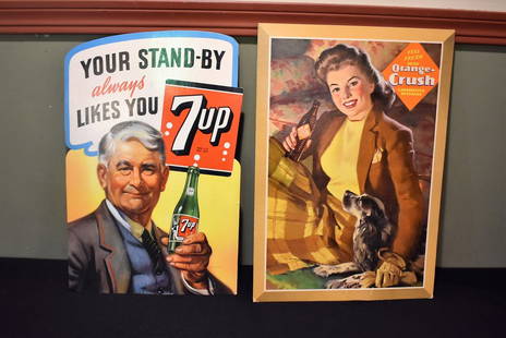 Vintage Orange Crush & 7UP Cardboard Counter Cards Advertising: Vintage Orange Crush 19" x 13" & 7 Up 18" x 12" Cardboard Advertising Counter Cards. Unused new old stock