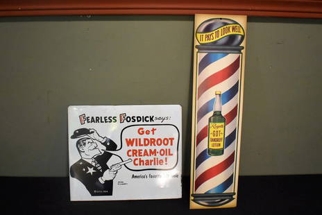 Vintage Wildroot & Rayette Barbershop Advertising Signs: Vintage Wildroot Metal Sign 11.25" x 9.5" & Rayette Cardboard Sign 18.5" x 4.75".