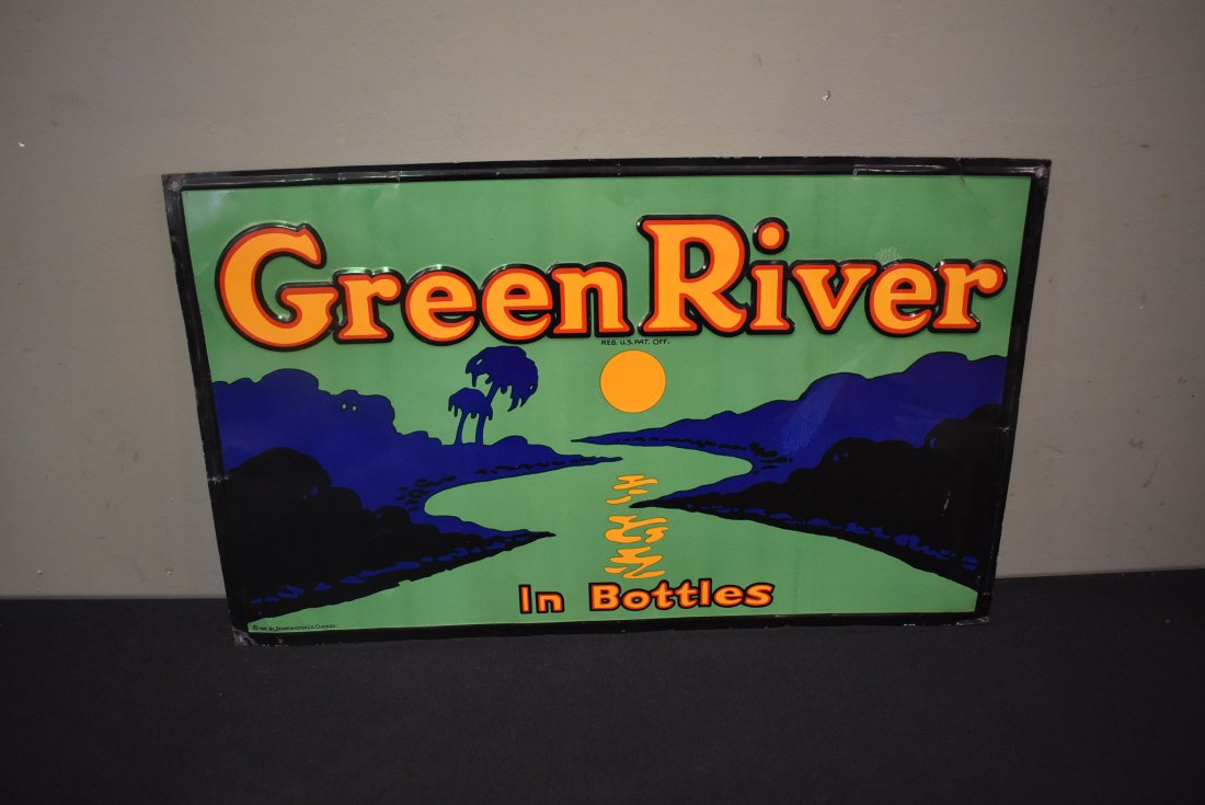 Vintage Green River Soda Embossed Tin Sign 1919 Schoenhofen Chicago: Vintage Green River Soda Embossed Tin Sign, measures 19.5" x 11.75". Marked Copyright 1919 Schoenhofen company Chicago.