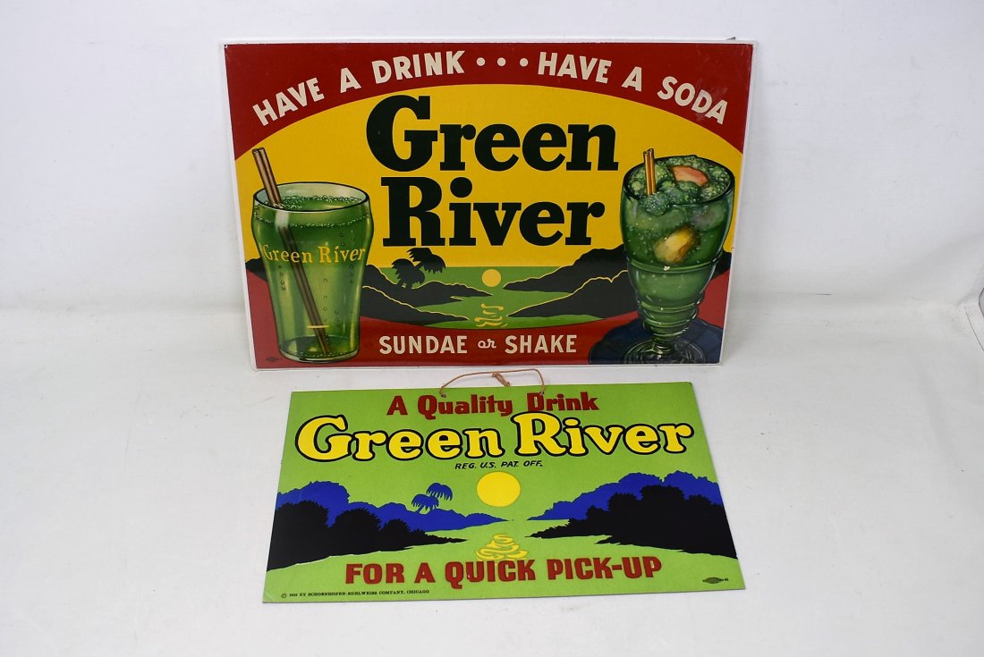 2 Vintage Green River Soda Cardboard Advertising Signs Schoenhofen Edelweiss 1919: Lot of 2 Vintage Green River Soda Cardboard Advertising Signs. They measure 12" x 8.5" & 10.25" x 6.25". A great pair of Schoenhofen Edelweiss 1919 signs.
