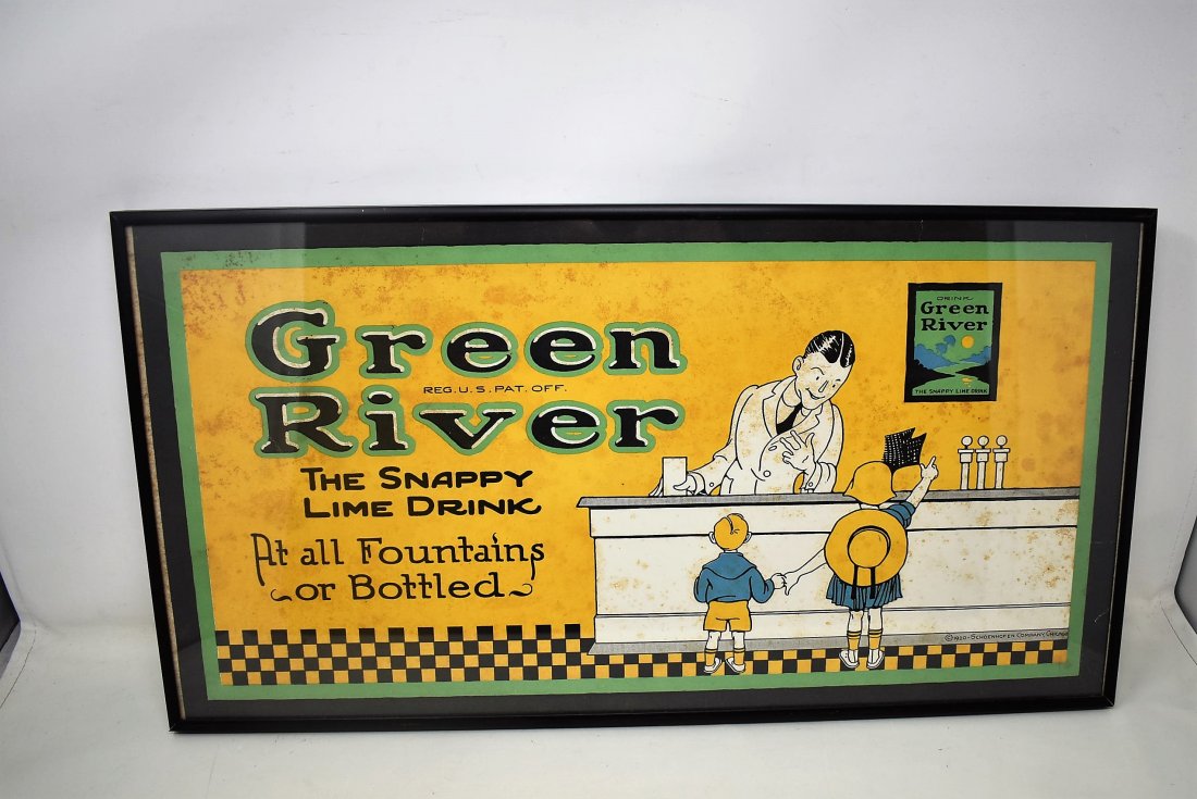 Green River Soda Advertising Framed 1920 Schoenhofen: Green River Soda Poster framed. The frame measures 21" x 11". Marked lower right 1920 Schoenhofen