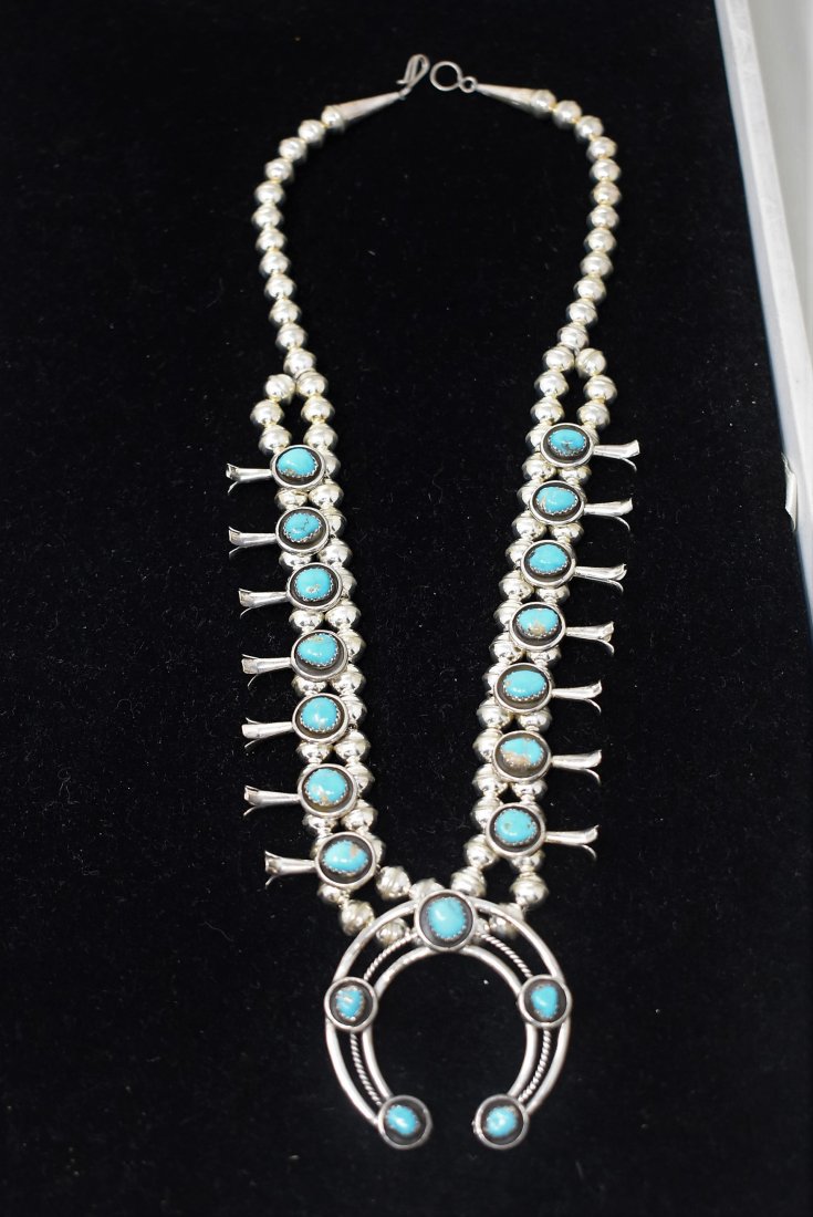 Navajo Phil Garcia Squash Blossom Necklace Sterling & Turquoise: Native American Phil Garcia Sterling Silver & Turquoise Squash Blossom Necklace. 64.6 grams