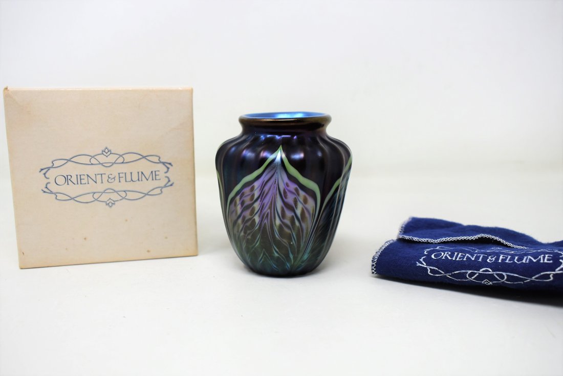 Stunning 1980 Orient & Flume Small Vase: 1980 Signed Orient & Flume 3.5" Vase. It comes in excellent condition with pouch and box.