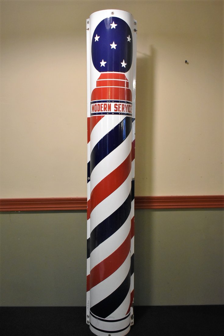 Tall Bob White Porcelain Barber Shop Curved Pole Sign 48" Bob White Sign Co: Vintage Bob White Porcelain Barber Shop Curved Sign "Modern Service", 48" x 9". Marked Bob White Sign Company