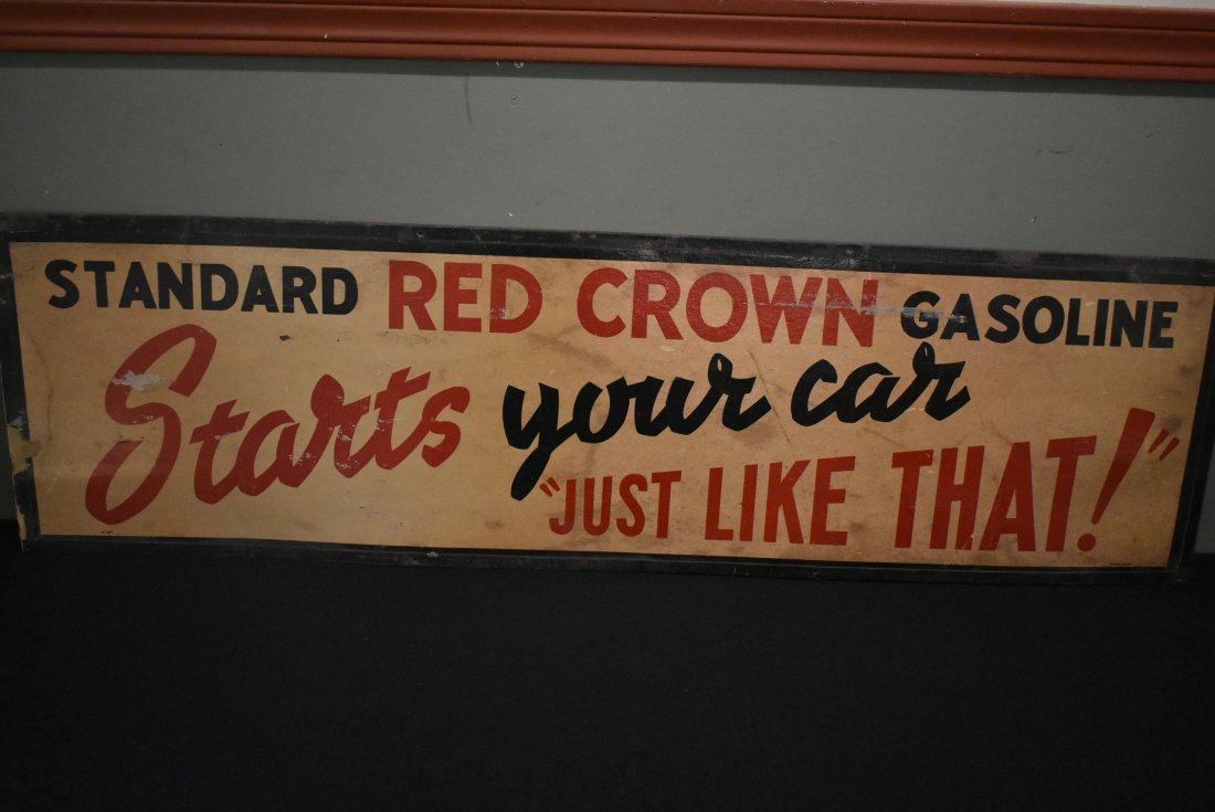 RARE Early "Red Crown Gasoline Starts Your Car" Sign 42" Burdick Chicago (1 of 7)
