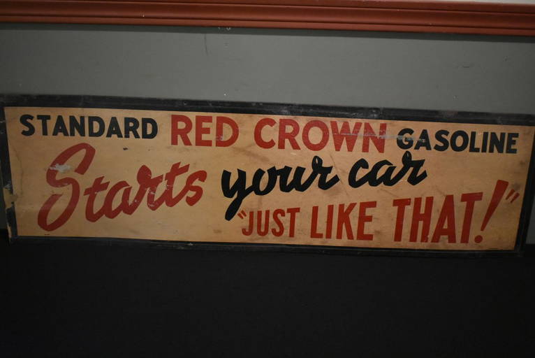RARE Early "Red Crown Gasoline Starts Your Car" Sign 42" Burdick Chicago (0121A) on Jan 14
