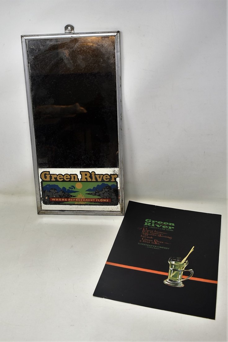 Vintage Green River Soda Mirror & Salesman Ad: Green River Soda Mirror 16" x 8" and Salesman's Advertising.