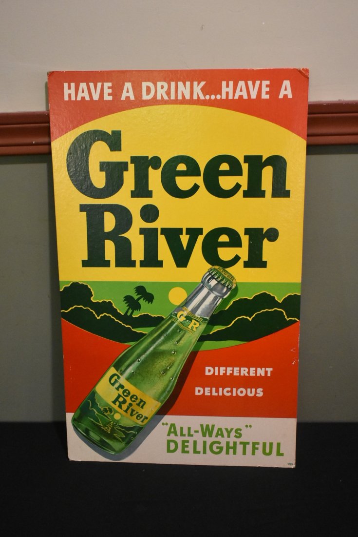 Vintage Green River Soda Cardboard Counter Sign 21": Vintage Green River Soda Cardboard Counter Card Sign, 21" x 13". Appears unused