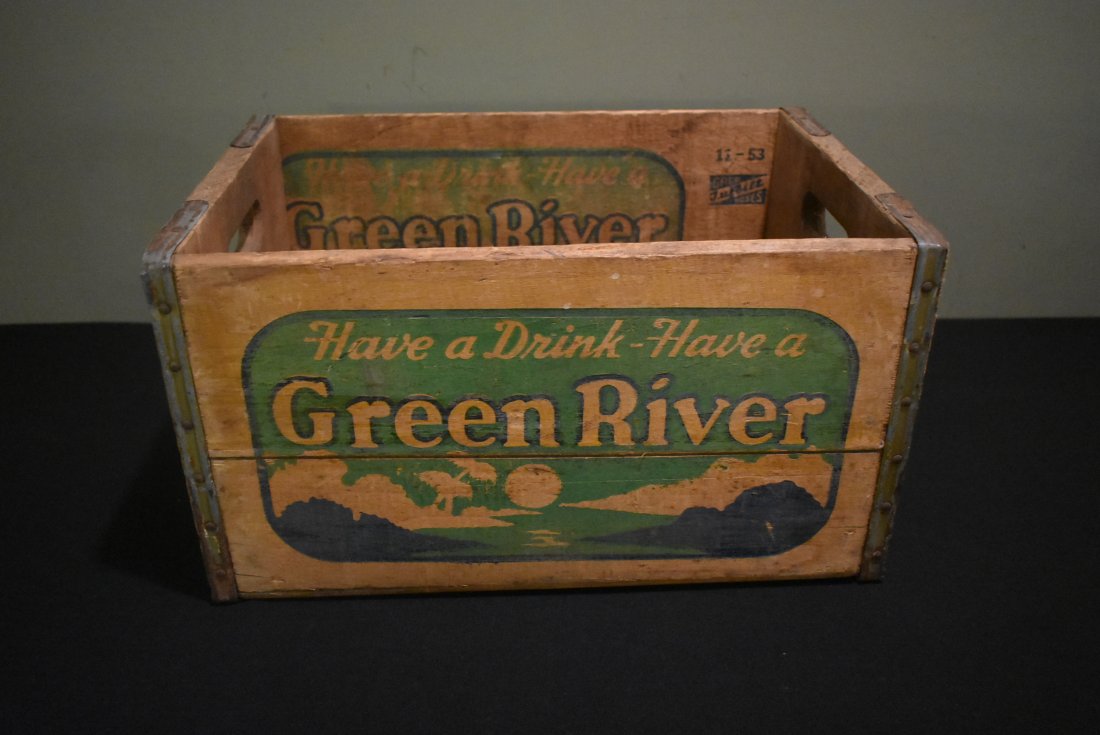 Original Green River Soda Wood Crate: Original Green River Soda Wooden Crate for 6-Pack Bottles. It measures 17.5" x 11.5" x 9".