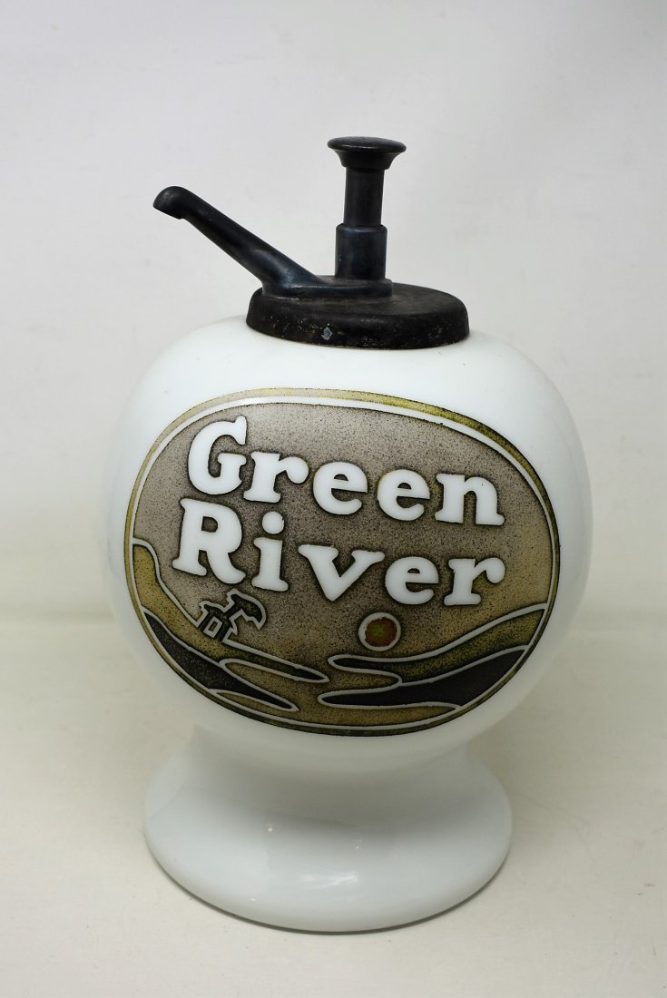 Antique Green River Milk Glass Syrup Dispenser Ball Shape c 1910 (1 of 7)