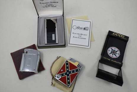 4 Vintage Lighters: A lot of 4 Vintage Lighters including a new Zippo, new Colibri and a Musical Confederate Lighter.