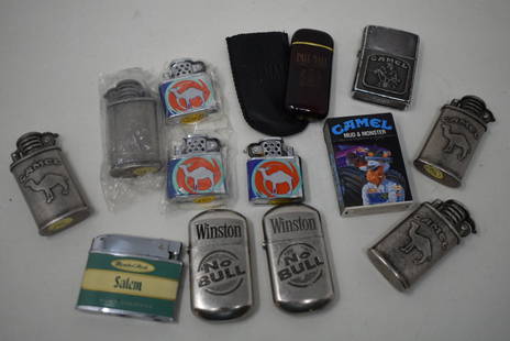 Lot of 13 Vintage Cigarette Advertising Lighters: A Lot of 13 Vintage Cigarette Advertising Lighters, many are new