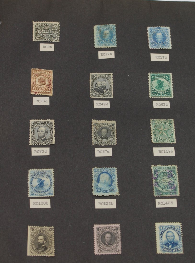 28 Match Tax Revenue Stamps: Please see the pictures for what is included and condition. all stamps are on Hinges and NOT Pasted, from the collection of an avid stamp collector.
